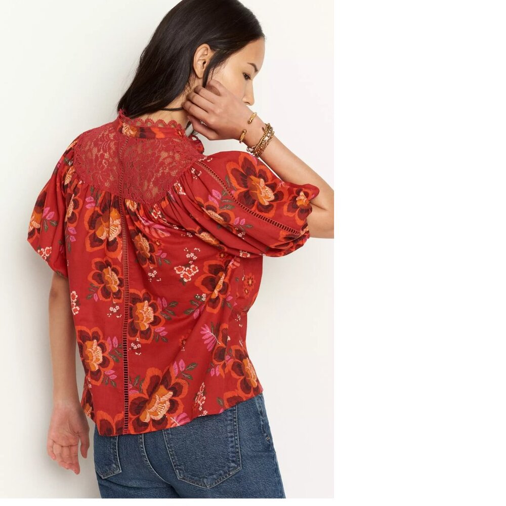 Anthropologie Farm Rio Giustina Lace Blouse top buttondown floral red new XS - Picture 2 of 14